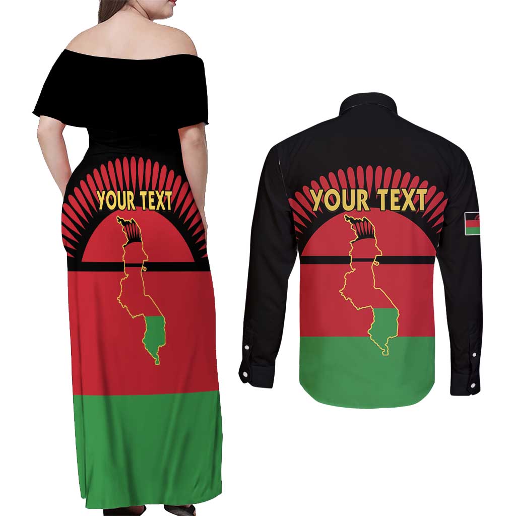 Personalized Malawi Independence Day Couples Matching Off Shoulder Maxi Dress and Long Sleeve Button Shirt Coat Of Arms Flag Style