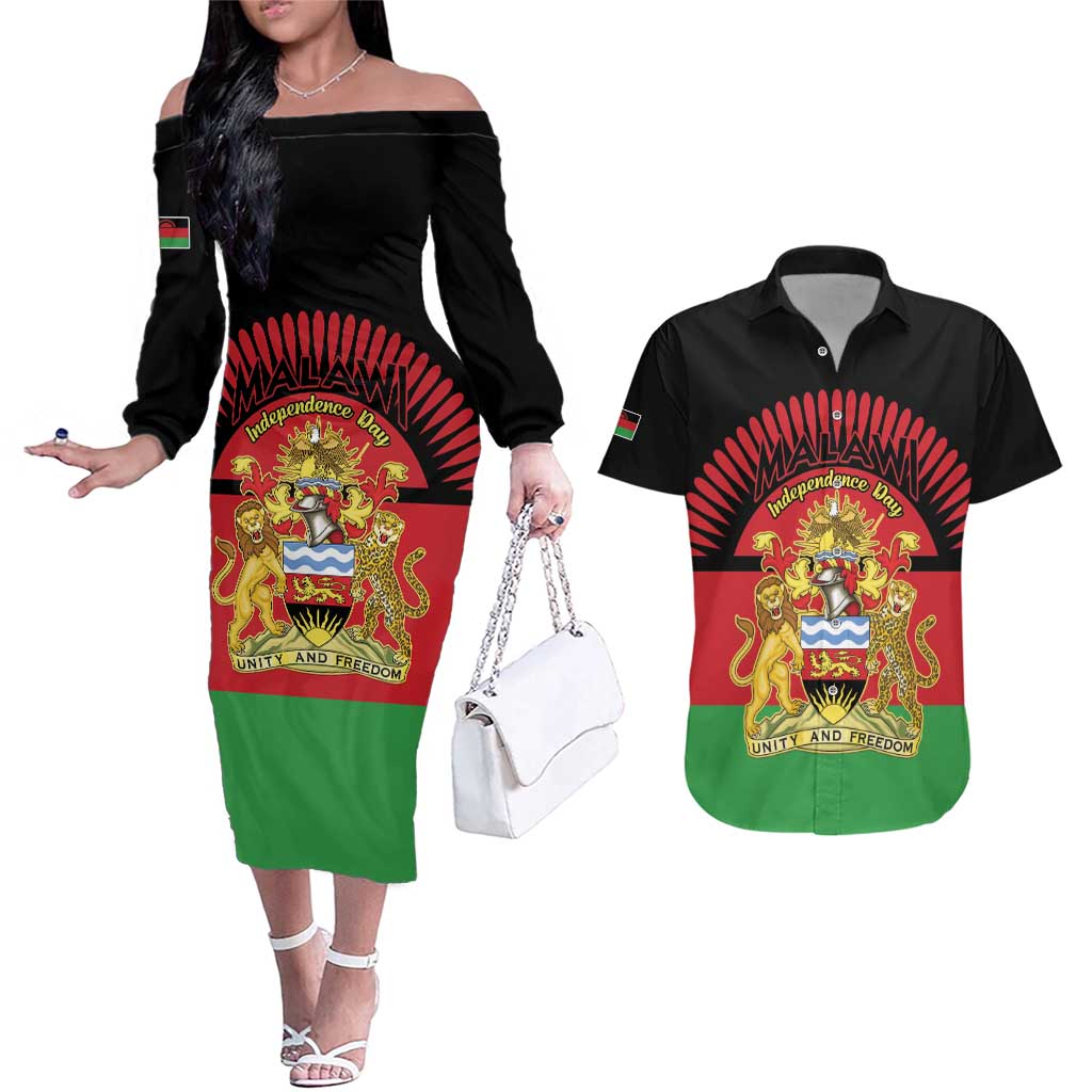 Personalized Malawi Independence Day Couples Matching Off The Shoulder Long Sleeve Dress and Hawaiian Shirt Coat Of Arms Flag Style