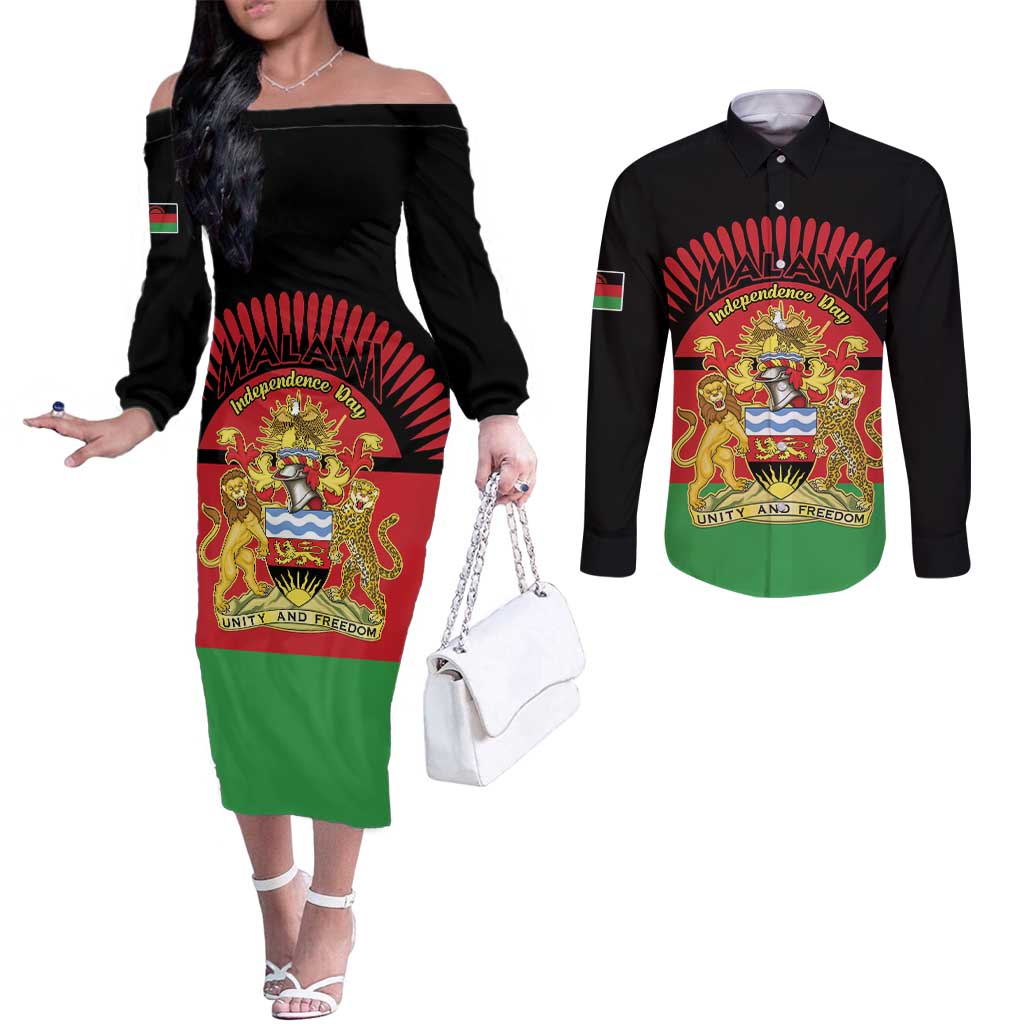 Personalized Malawi Independence Day Couples Matching Off The Shoulder Long Sleeve Dress and Long Sleeve Button Shirt Coat Of Arms Flag Style