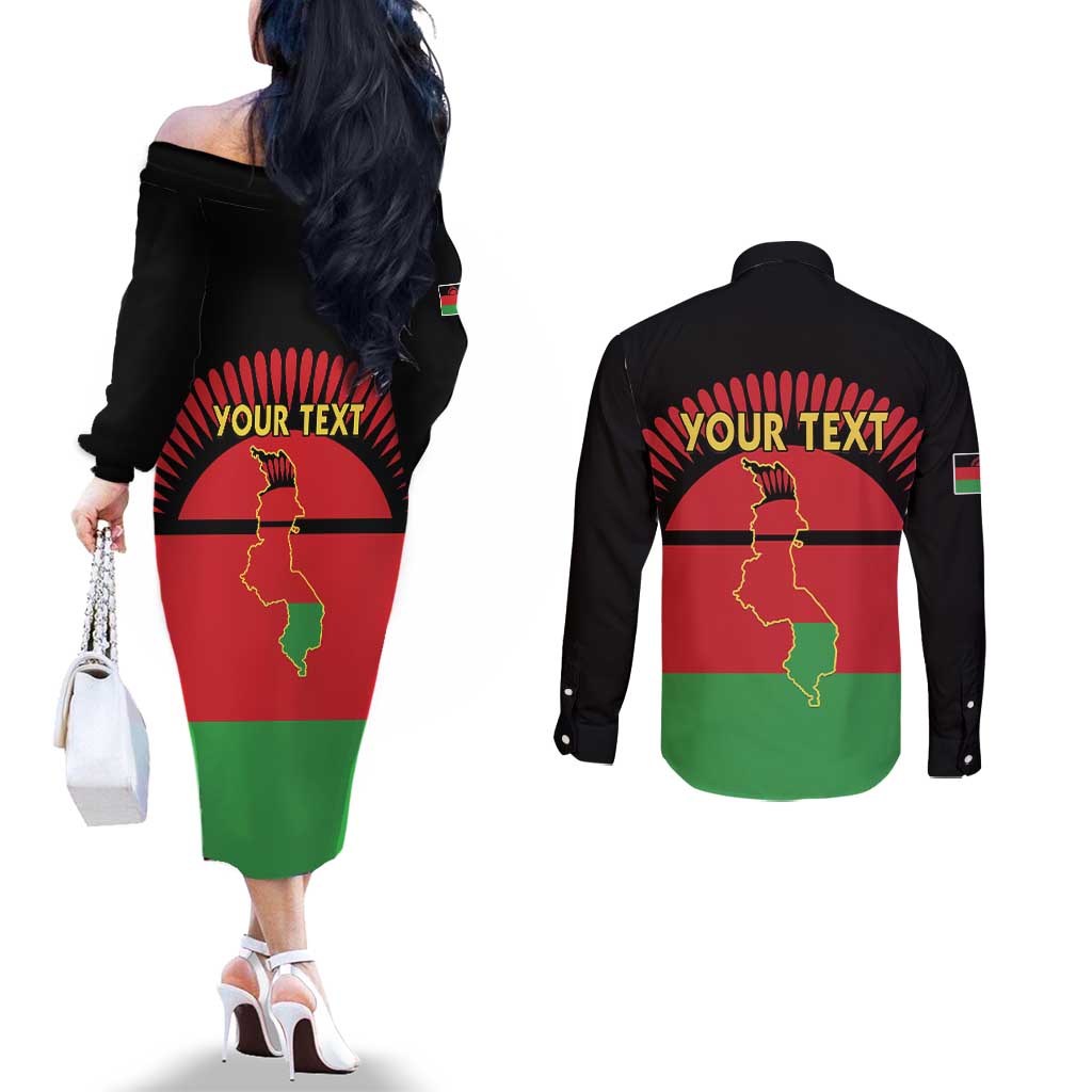 Personalized Malawi Independence Day Couples Matching Off The Shoulder Long Sleeve Dress and Long Sleeve Button Shirt Coat Of Arms Flag Style