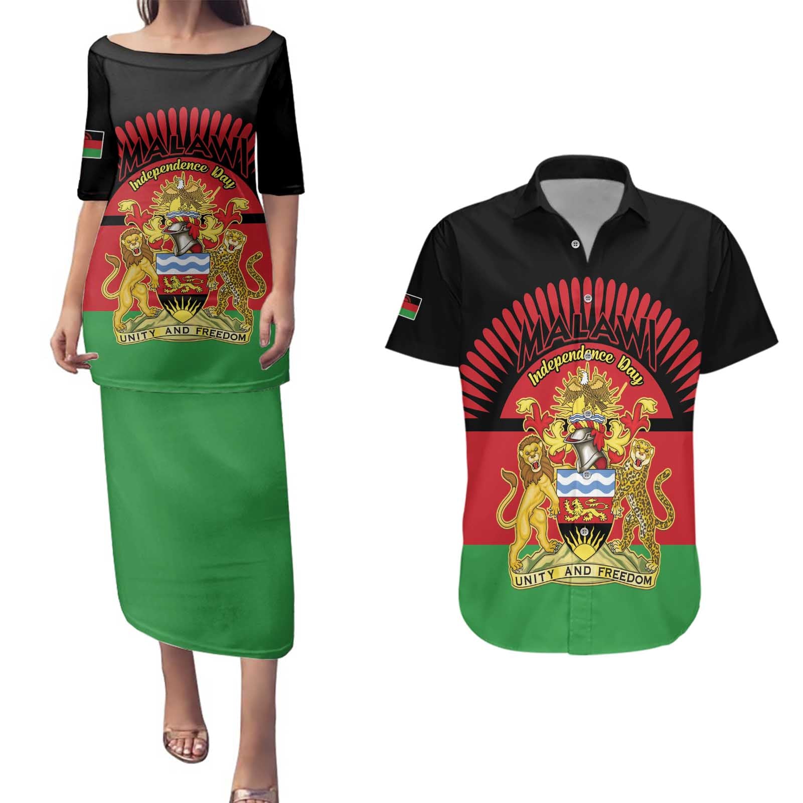 Personalized Malawi Independence Day Couples Matching Puletasi and Hawaiian Shirt Coat Of Arms Flag Style