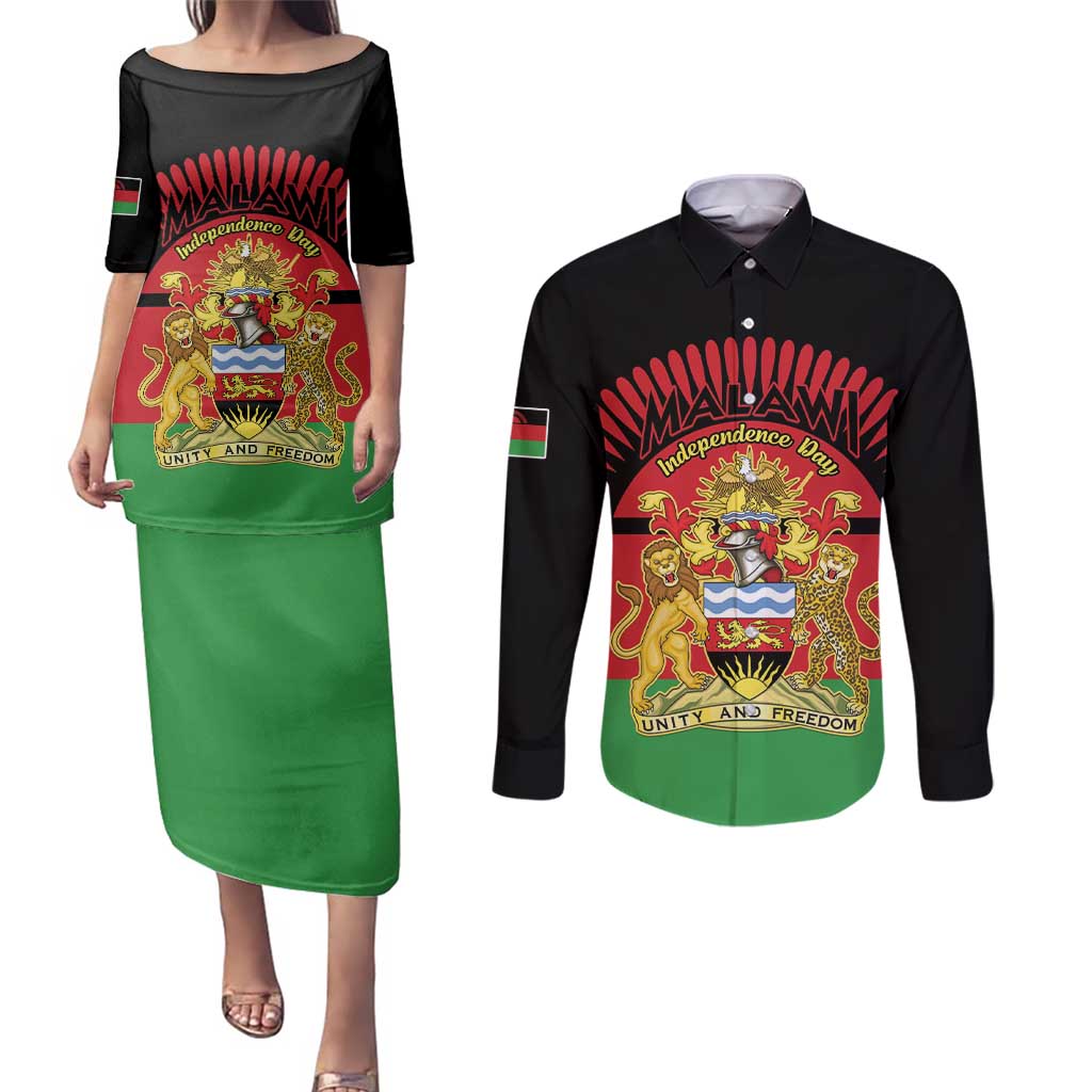 Personalized Malawi Independence Day Couples Matching Puletasi and Long Sleeve Button Shirt Coat Of Arms Flag Style
