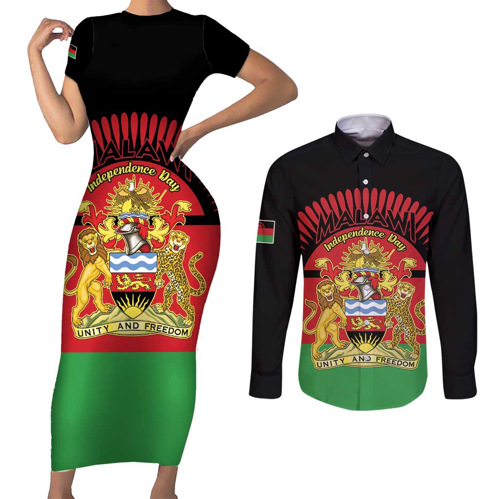 Personalized Malawi Independence Day Couples Matching Short Sleeve Bodycon Dress and Long Sleeve Button Shirt Coat Of Arms Flag Style