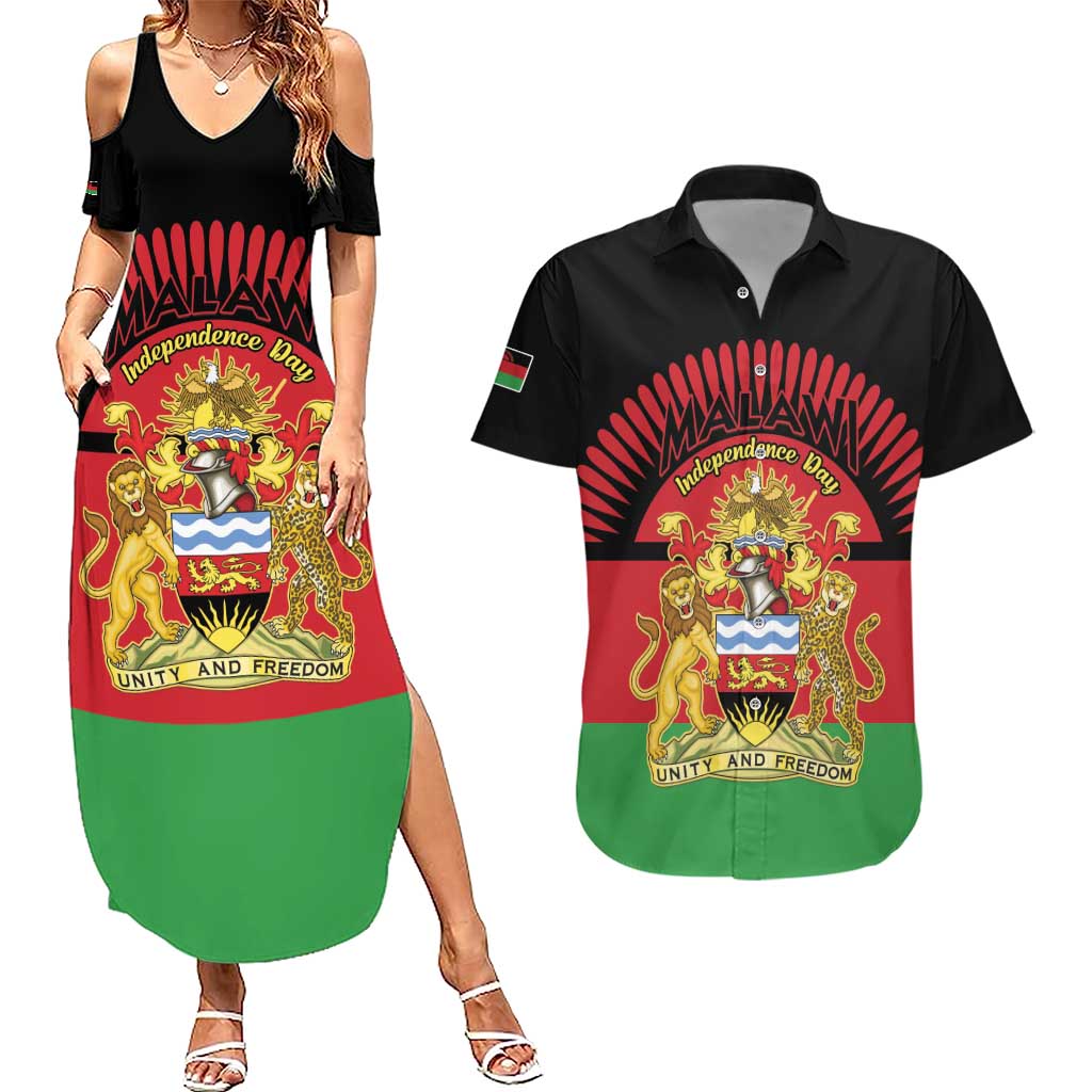 Personalized Malawi Independence Day Couples Matching Summer Maxi Dress and Hawaiian Shirt Coat Of Arms Flag Style