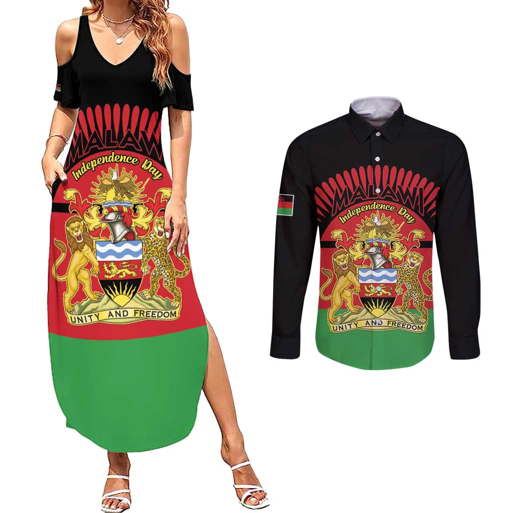 Personalized Malawi Independence Day Couples Matching Summer Maxi Dress and Long Sleeve Button Shirt Coat Of Arms Flag Style
