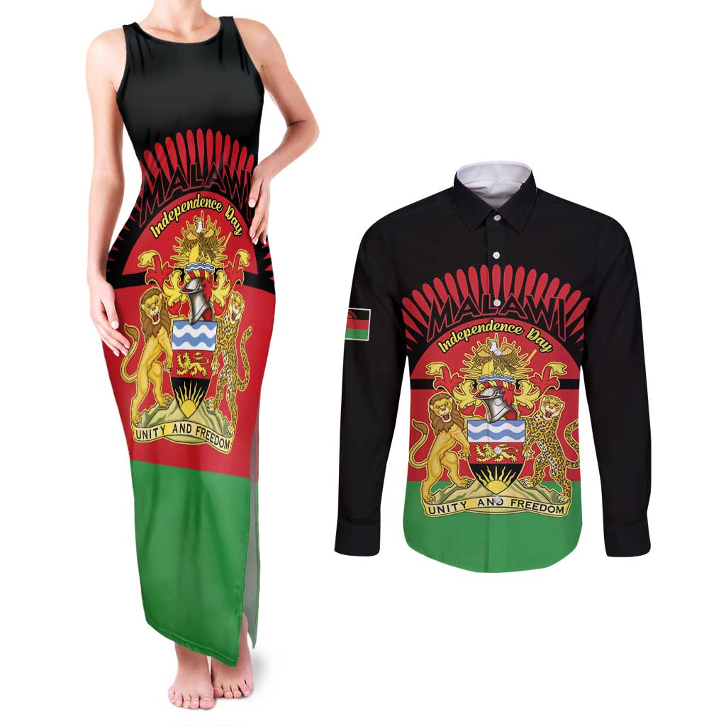 Personalized Malawi Independence Day Couples Matching Tank Maxi Dress and Long Sleeve Button Shirt Coat Of Arms Flag Style
