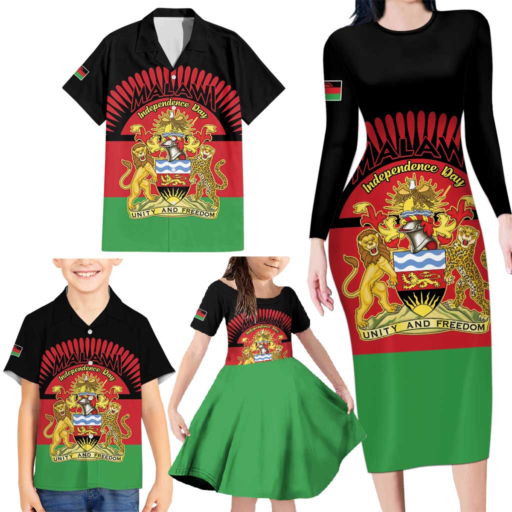 Personalized Malawi Independence Day Family Matching Long Sleeve Bodycon Dress and Hawaiian Shirt Coat Of Arms Flag Style