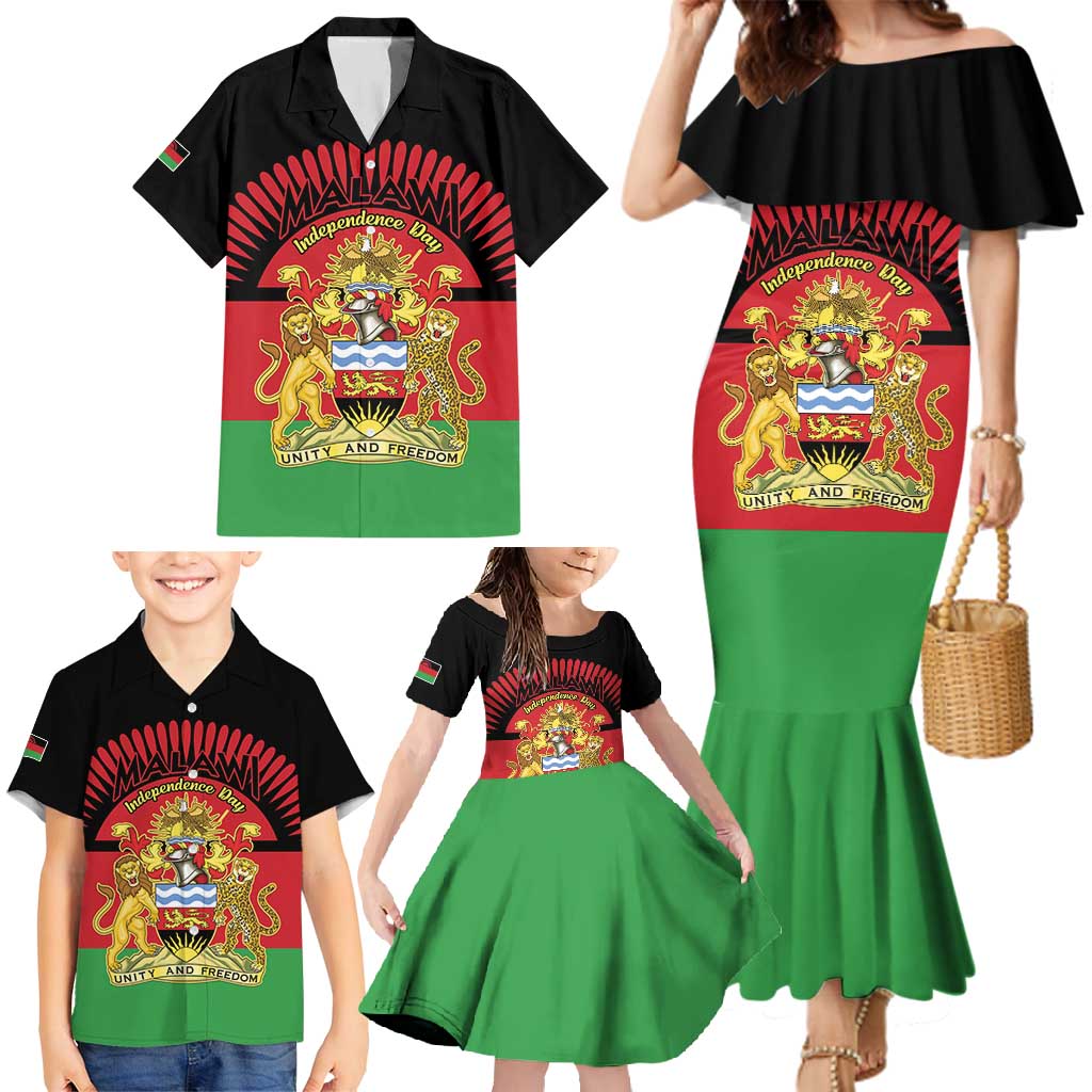 Personalized Malawi Independence Day Family Matching Mermaid Dress and Hawaiian Shirt Coat Of Arms Flag Style
