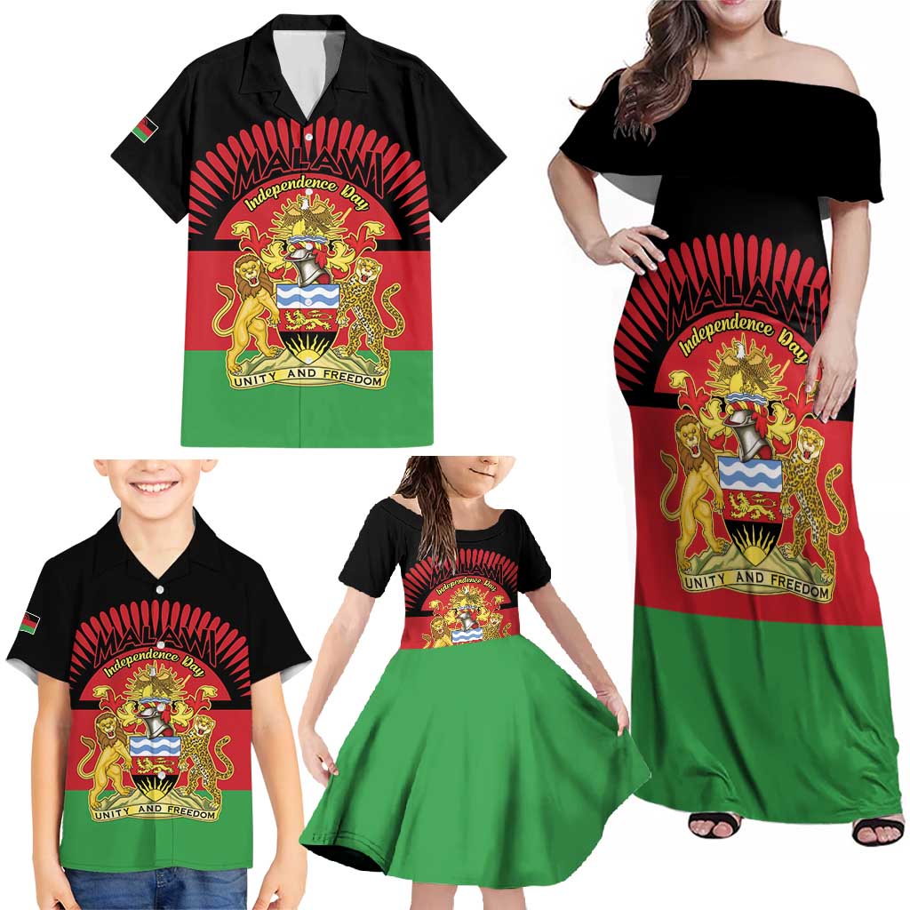 Personalized Malawi Independence Day Family Matching Off Shoulder Maxi Dress and Hawaiian Shirt Coat Of Arms Flag Style