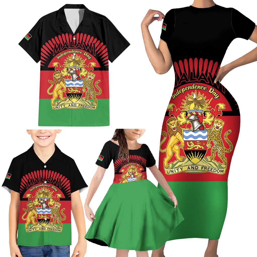 Personalized Malawi Independence Day Family Matching Short Sleeve Bodycon Dress and Hawaiian Shirt Coat Of Arms Flag Style