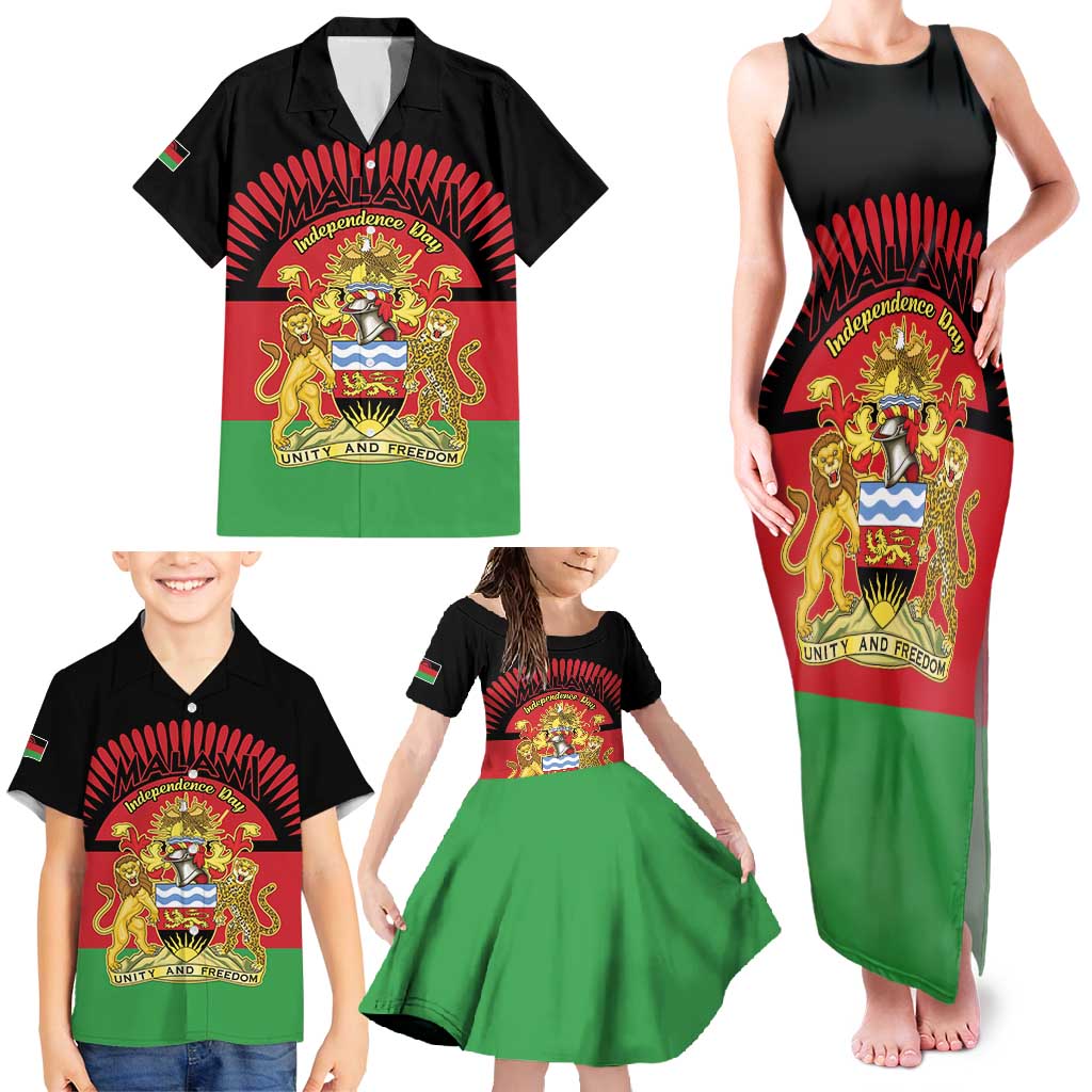 Personalized Malawi Independence Day Family Matching Tank Maxi Dress and Hawaiian Shirt Coat Of Arms Flag Style