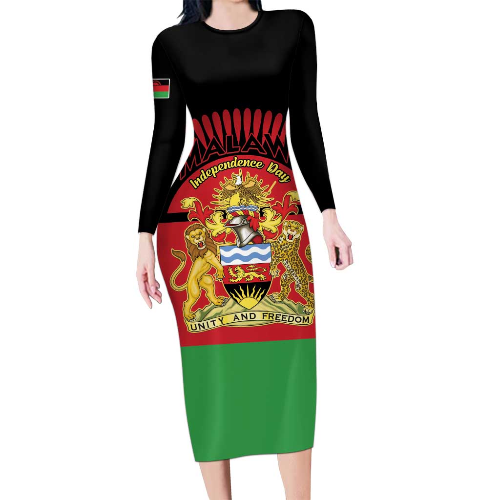 Personalized Malawi Independence Day Long Sleeve Bodycon Dress Coat Of Arms Flag Style