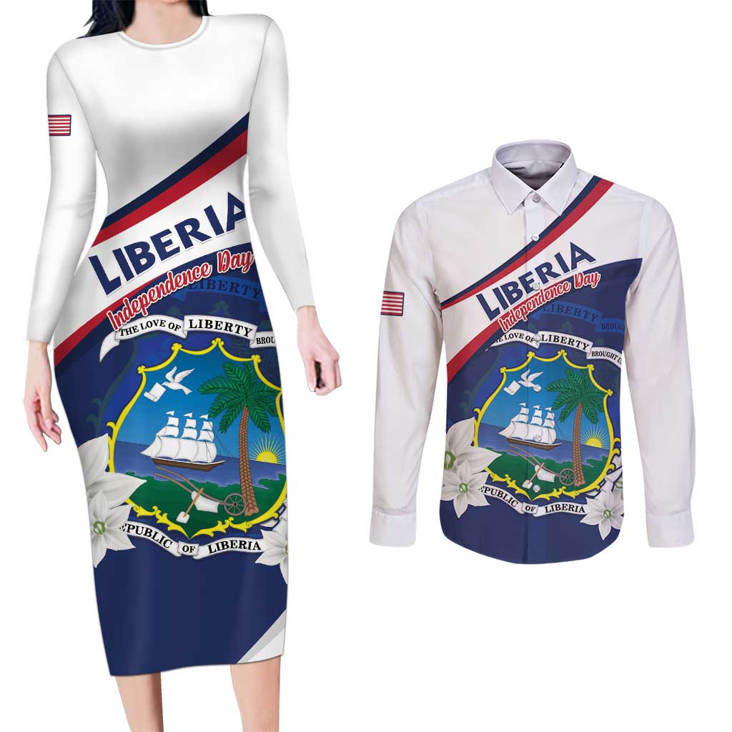 Personalized Liberia Independence Day Couples Matching Long Sleeve Bodycon Dress and Long Sleeve Button Shirt Coat Of Arms Pepper Flowers