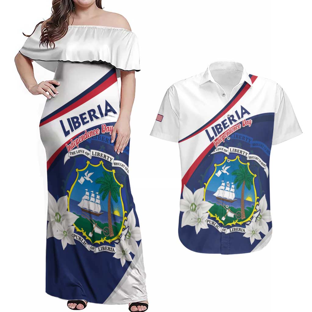 Personalized Liberia Independence Day Couples Matching Off Shoulder Maxi Dress and Hawaiian Shirt Coat Of Arms Pepper Flowers