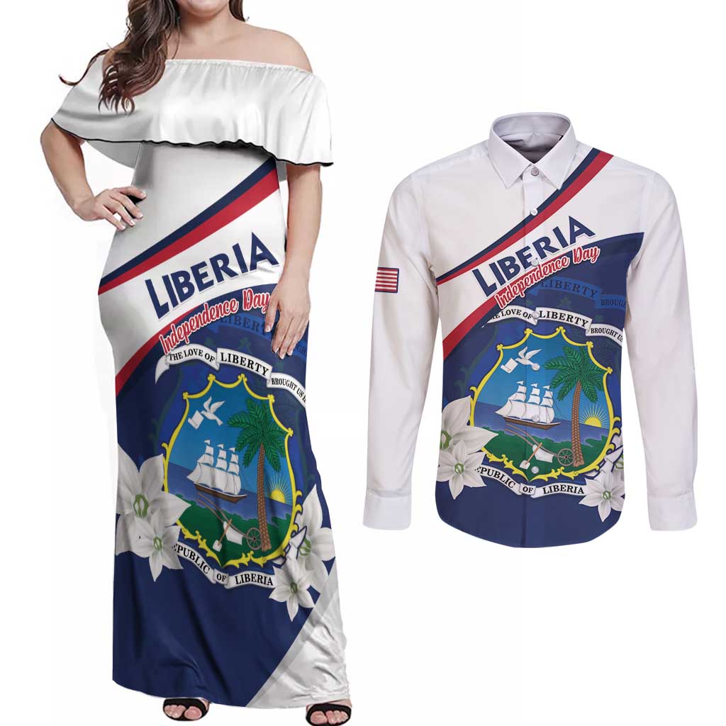 Personalized Liberia Independence Day Couples Matching Off Shoulder Maxi Dress and Long Sleeve Button Shirt Coat Of Arms Pepper Flowers