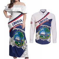 Personalized Liberia Independence Day Couples Matching Off Shoulder Maxi Dress and Long Sleeve Button Shirt Coat Of Arms Pepper Flowers