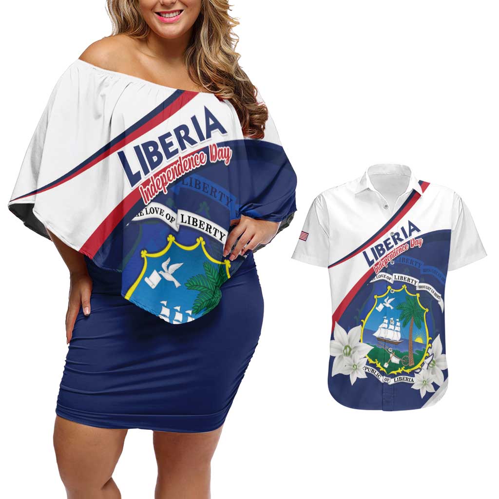 Personalized Liberia Independence Day Couples Matching Off Shoulder Short Dress and Hawaiian Shirt Coat Of Arms Pepper Flowers