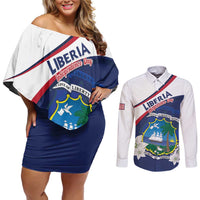 Personalized Liberia Independence Day Couples Matching Off Shoulder Short Dress and Long Sleeve Button Shirt Coat Of Arms Pepper Flowers