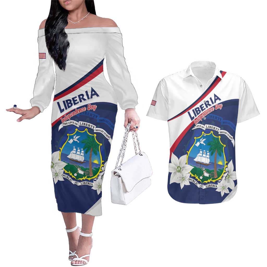 Personalized Liberia Independence Day Couples Matching Off The Shoulder Long Sleeve Dress and Hawaiian Shirt Coat Of Arms Pepper Flowers