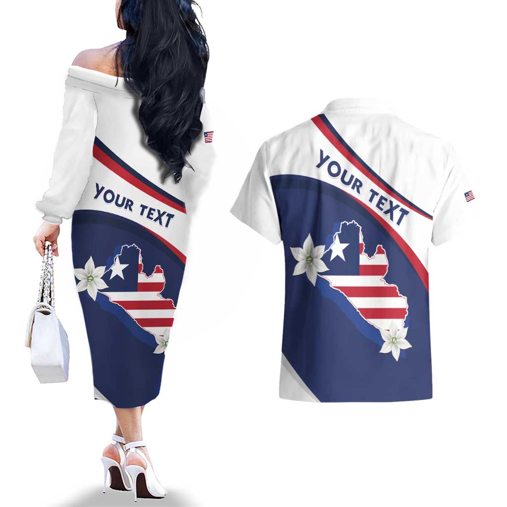 Personalized Liberia Independence Day Couples Matching Off The Shoulder Long Sleeve Dress and Hawaiian Shirt Coat Of Arms Pepper Flowers