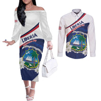 Personalized Liberia Independence Day Couples Matching Off The Shoulder Long Sleeve Dress and Long Sleeve Button Shirt Coat Of Arms Pepper Flowers