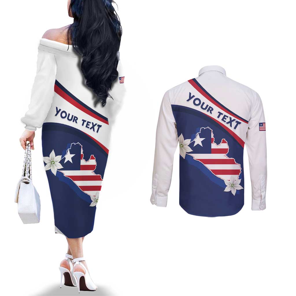 Personalized Liberia Independence Day Couples Matching Off The Shoulder Long Sleeve Dress and Long Sleeve Button Shirt Coat Of Arms Pepper Flowers