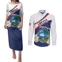 Personalized Liberia Independence Day Couples Matching Puletasi and Long Sleeve Button Shirt Coat Of Arms Pepper Flowers