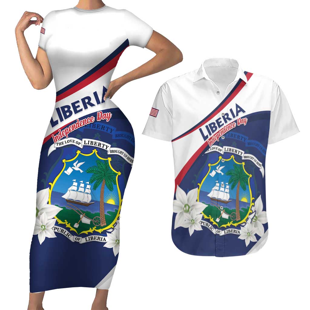 Personalized Liberia Independence Day Couples Matching Short Sleeve Bodycon Dress and Hawaiian Shirt Coat Of Arms Pepper Flowers