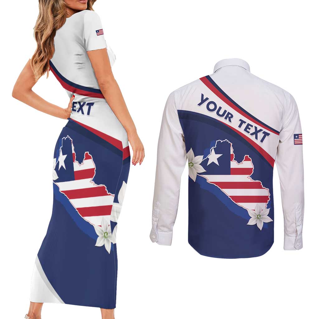 Personalized Liberia Independence Day Couples Matching Short Sleeve Bodycon Dress and Long Sleeve Button Shirt Coat Of Arms Pepper Flowers
