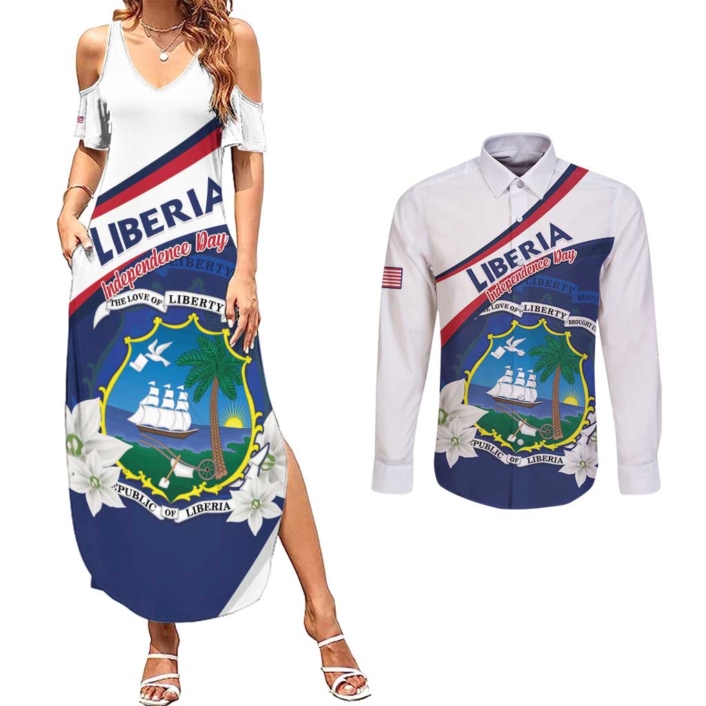 Personalized Liberia Independence Day Couples Matching Summer Maxi Dress and Long Sleeve Button Shirt Coat Of Arms Pepper Flowers