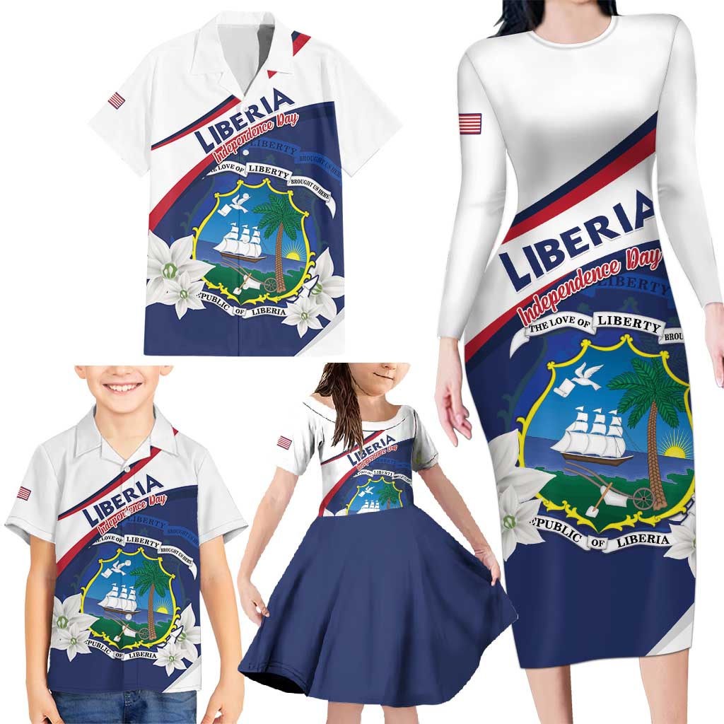 Personalized Liberia Independence Day Family Matching Long Sleeve Bodycon Dress and Hawaiian Shirt Coat Of Arms Pepper Flowers