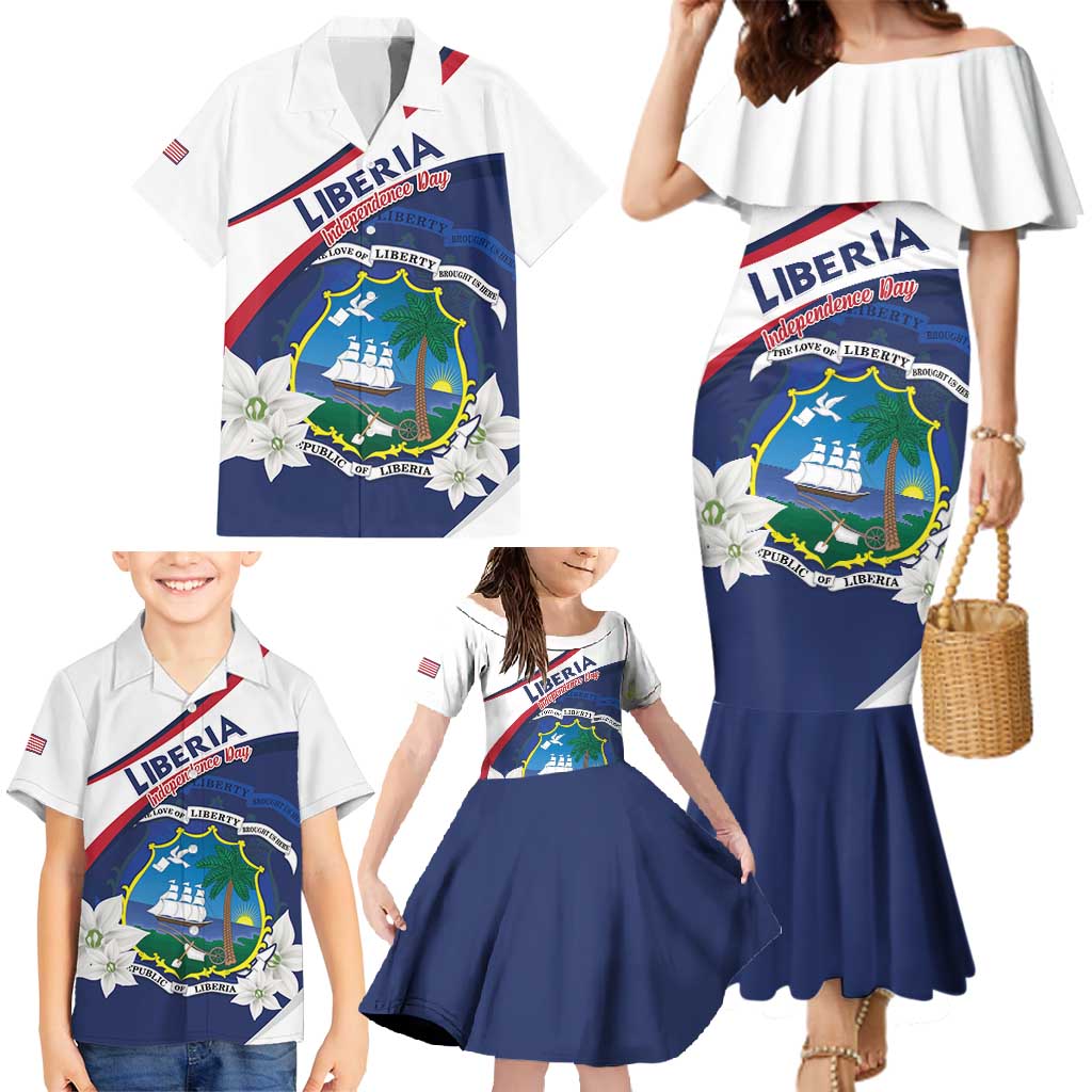 Personalized Liberia Independence Day Family Matching Mermaid Dress and Hawaiian Shirt Coat Of Arms Pepper Flowers