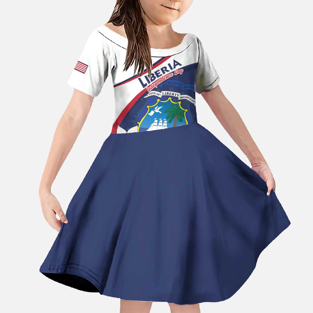 Personalized Liberia Independence Day Family Matching Off The Shoulder Long Sleeve Dress and Hawaiian Shirt Coat Of Arms Pepper Flowers