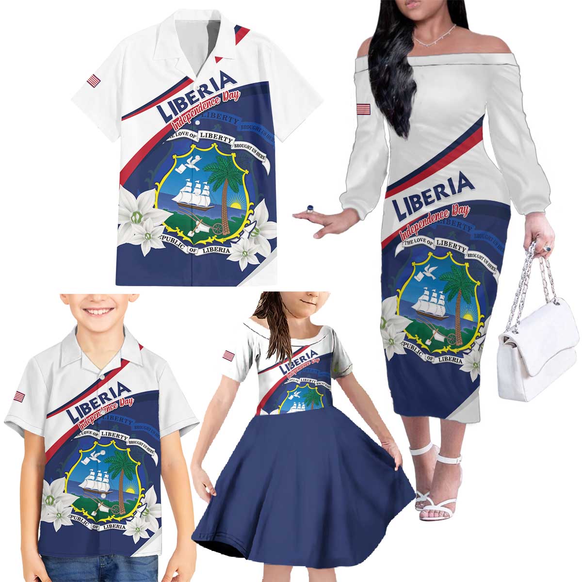 Personalized Liberia Independence Day Family Matching Off The Shoulder Long Sleeve Dress and Hawaiian Shirt Coat Of Arms Pepper Flowers