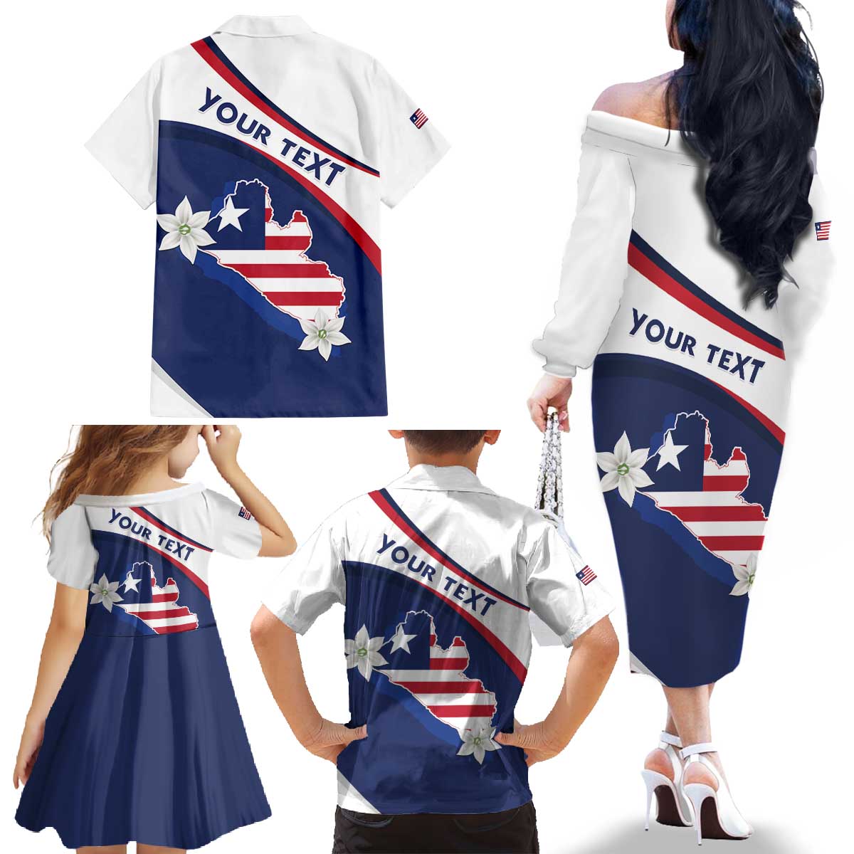 Personalized Liberia Independence Day Family Matching Off The Shoulder Long Sleeve Dress and Hawaiian Shirt Coat Of Arms Pepper Flowers