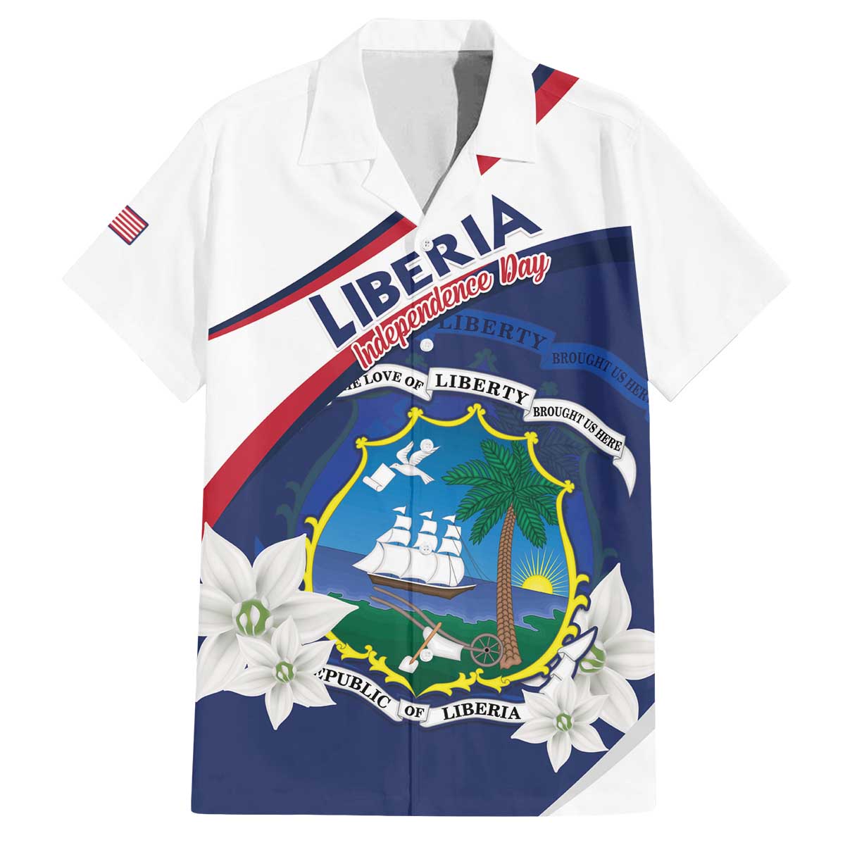Personalized Liberia Independence Day Family Matching Off The Shoulder Long Sleeve Dress and Hawaiian Shirt Coat Of Arms Pepper Flowers