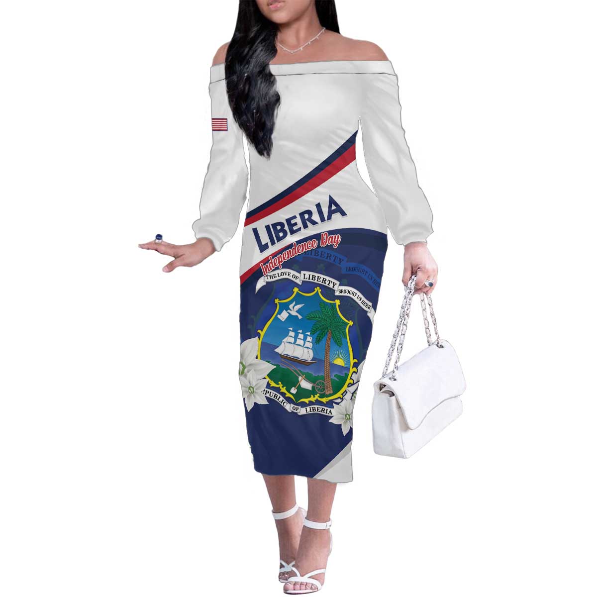 Personalized Liberia Independence Day Family Matching Off The Shoulder Long Sleeve Dress and Hawaiian Shirt Coat Of Arms Pepper Flowers