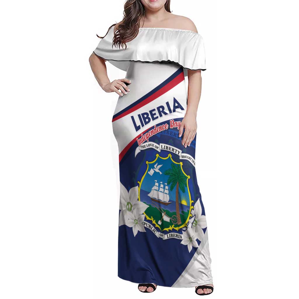 Personalized Liberia Independence Day Family Matching Off Shoulder Maxi Dress and Hawaiian Shirt Coat Of Arms Pepper Flowers