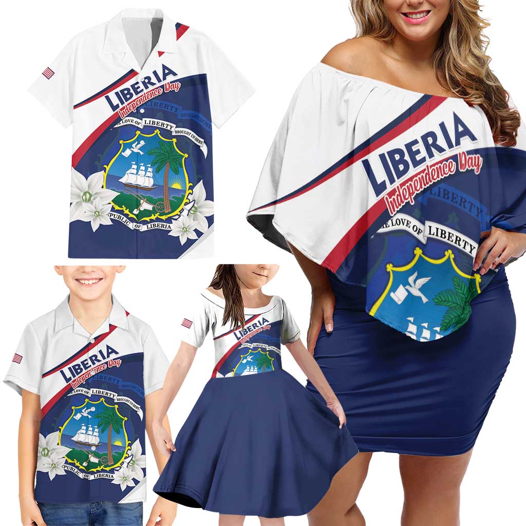 Personalized Liberia Independence Day Family Matching Off Shoulder Short Dress and Hawaiian Shirt Coat Of Arms Pepper Flowers