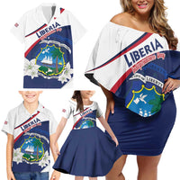 Personalized Liberia Independence Day Family Matching Off Shoulder Short Dress and Hawaiian Shirt Coat Of Arms Pepper Flowers