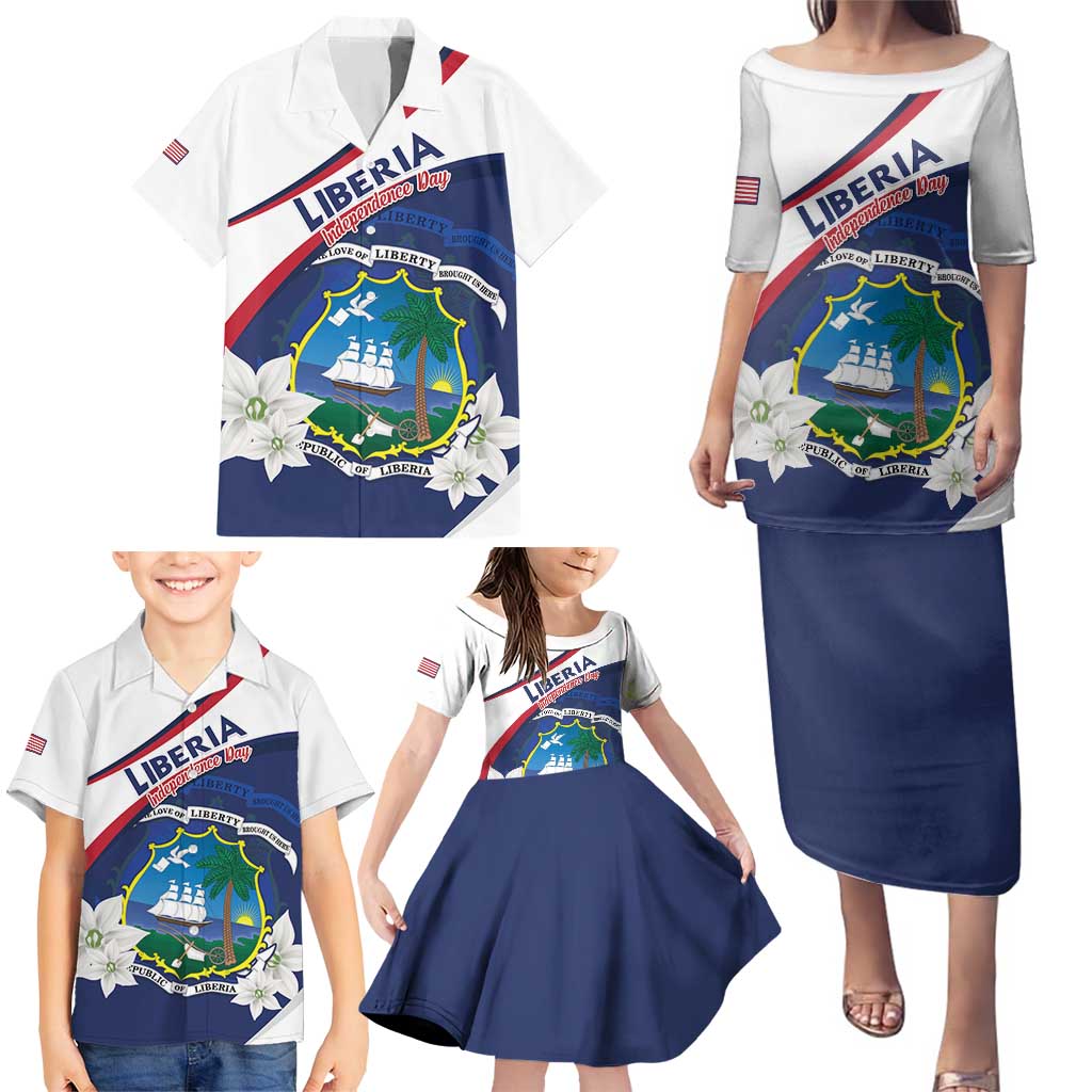 Personalized Liberia Independence Day Family Matching Puletasi and Hawaiian Shirt Coat Of Arms Pepper Flowers