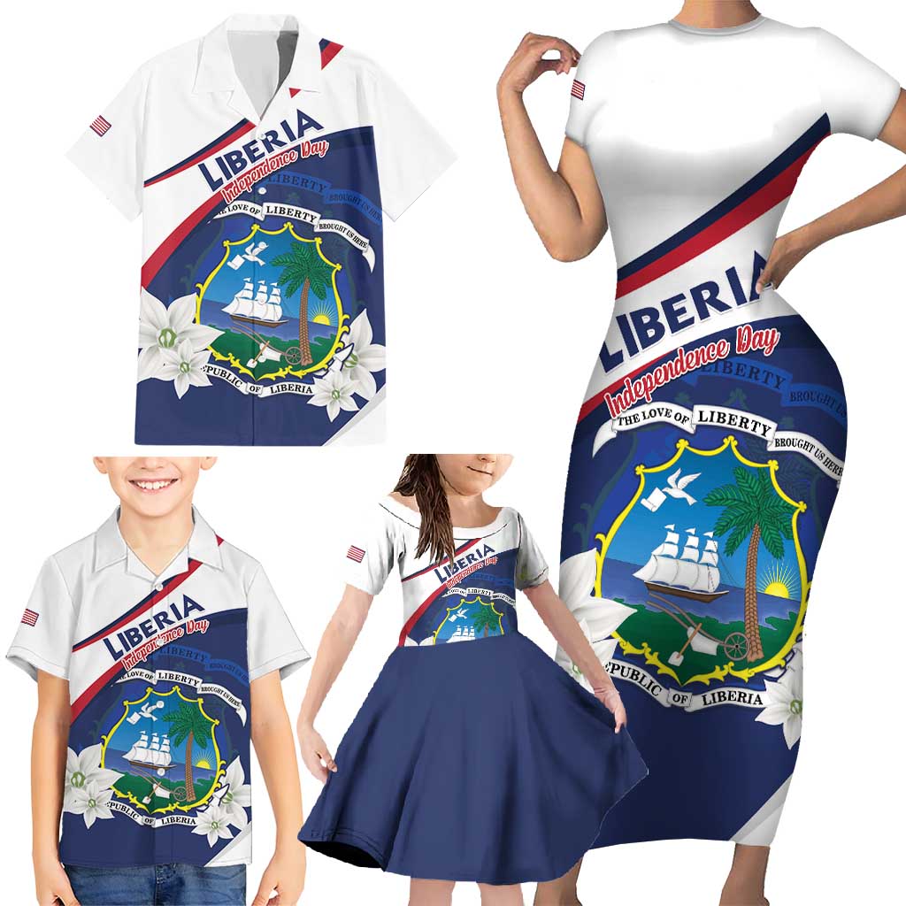 Personalized Liberia Independence Day Family Matching Short Sleeve Bodycon Dress and Hawaiian Shirt Coat Of Arms Pepper Flowers