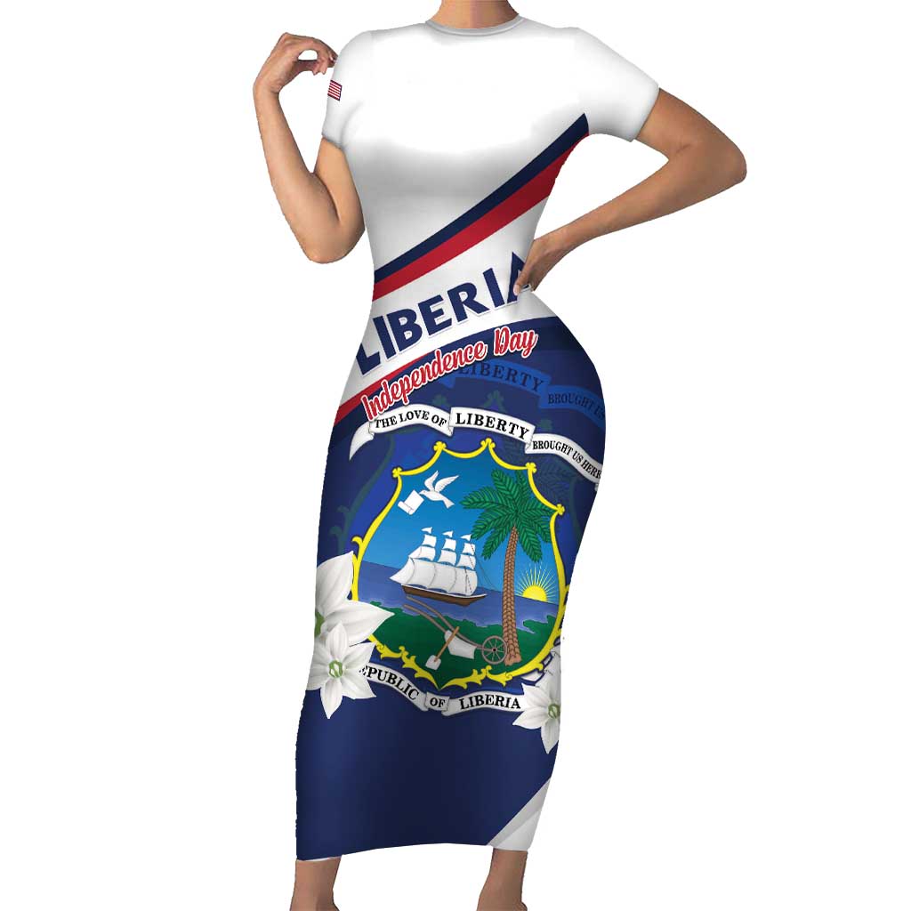 Personalized Liberia Independence Day Family Matching Short Sleeve Bodycon Dress and Hawaiian Shirt Coat Of Arms Pepper Flowers