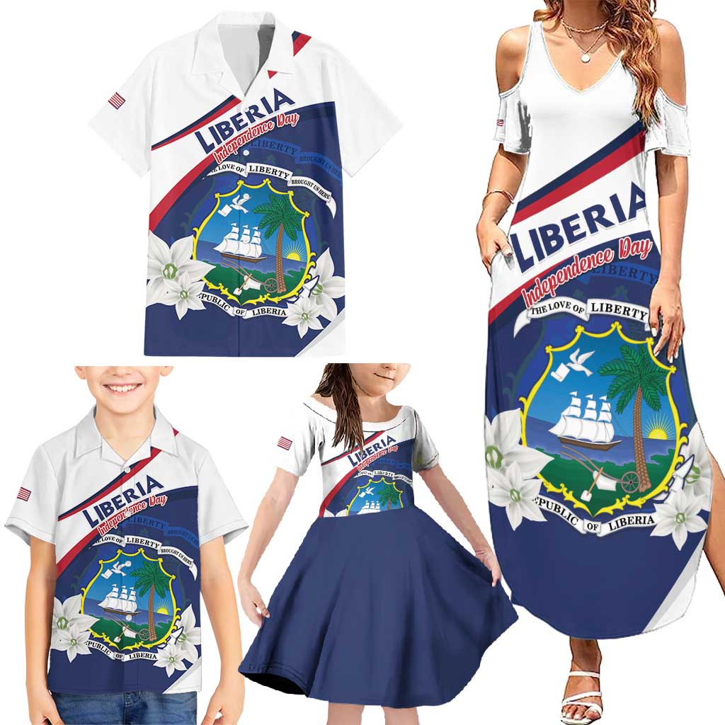 Personalized Liberia Independence Day Family Matching Summer Maxi Dress and Hawaiian Shirt Coat Of Arms Pepper Flowers