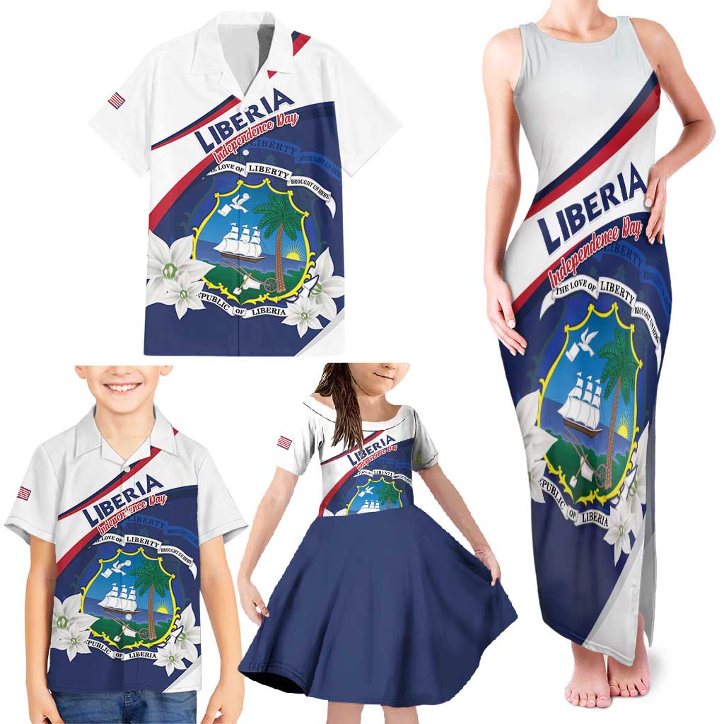 Personalized Liberia Independence Day Family Matching Tank Maxi Dress and Hawaiian Shirt Coat Of Arms Pepper Flowers
