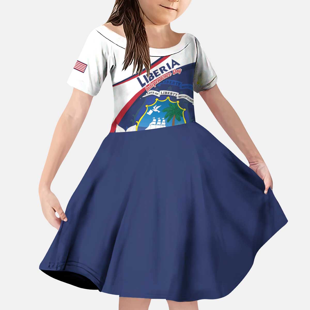 Personalized Liberia Independence Day Kid Short Sleeve Dress Coat Of Arms Pepper Flowers