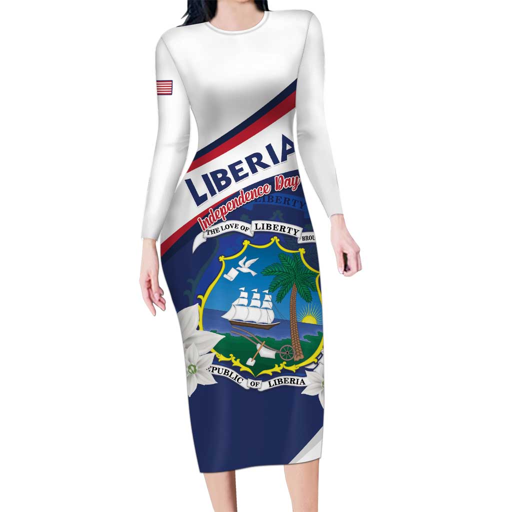 Personalized Liberia Independence Day Long Sleeve Bodycon Dress Coat Of Arms Pepper Flowers