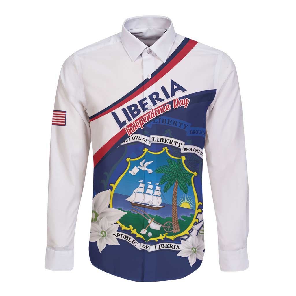 Personalized Liberia Independence Day Long Sleeve Button Shirt Coat Of Arms Pepper Flowers
