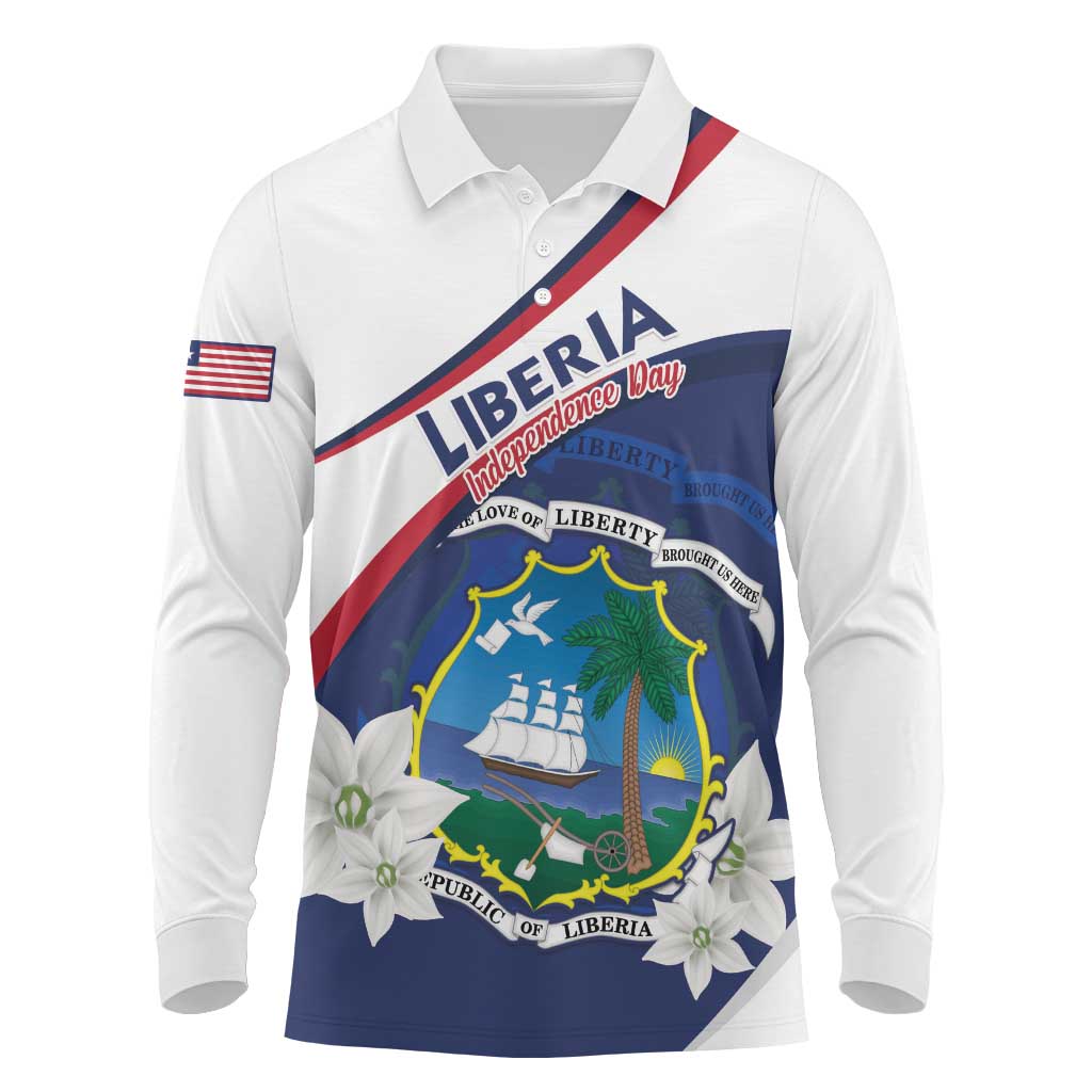 Personalized Liberia Independence Day Long Sleeve Polo Shirt Coat Of Arms Pepper Flowers