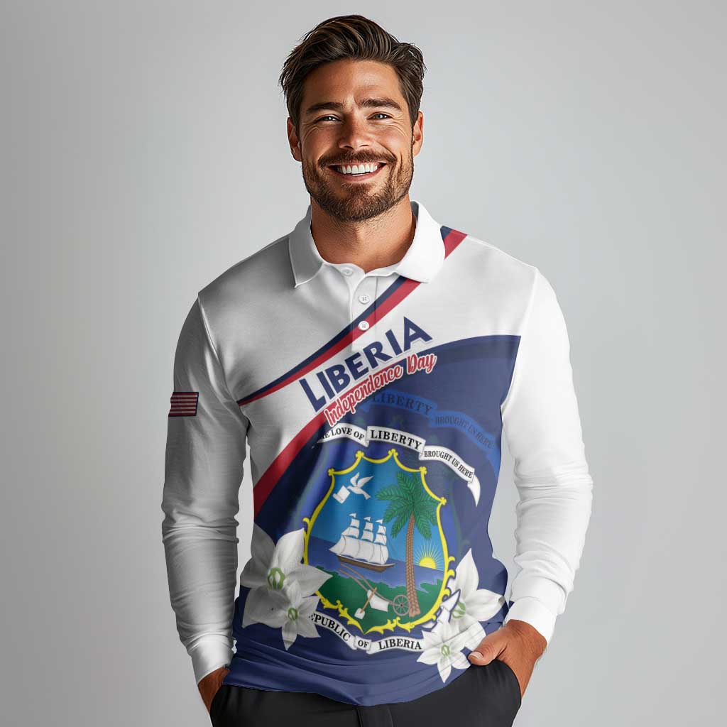 Personalized Liberia Independence Day Long Sleeve Polo Shirt Coat Of Arms Pepper Flowers